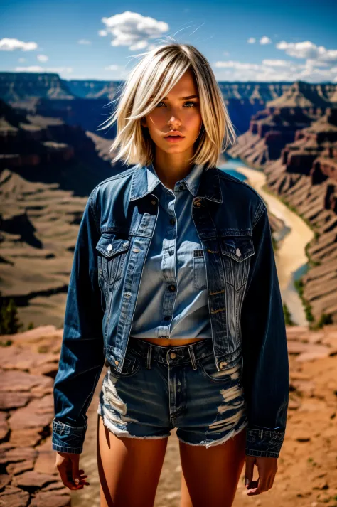 1 girl, Lovely, denim jacket, white top, jeans, Gloves, blond, short hair, bob hair, hair side parting, blue eyes, dynamic poses...