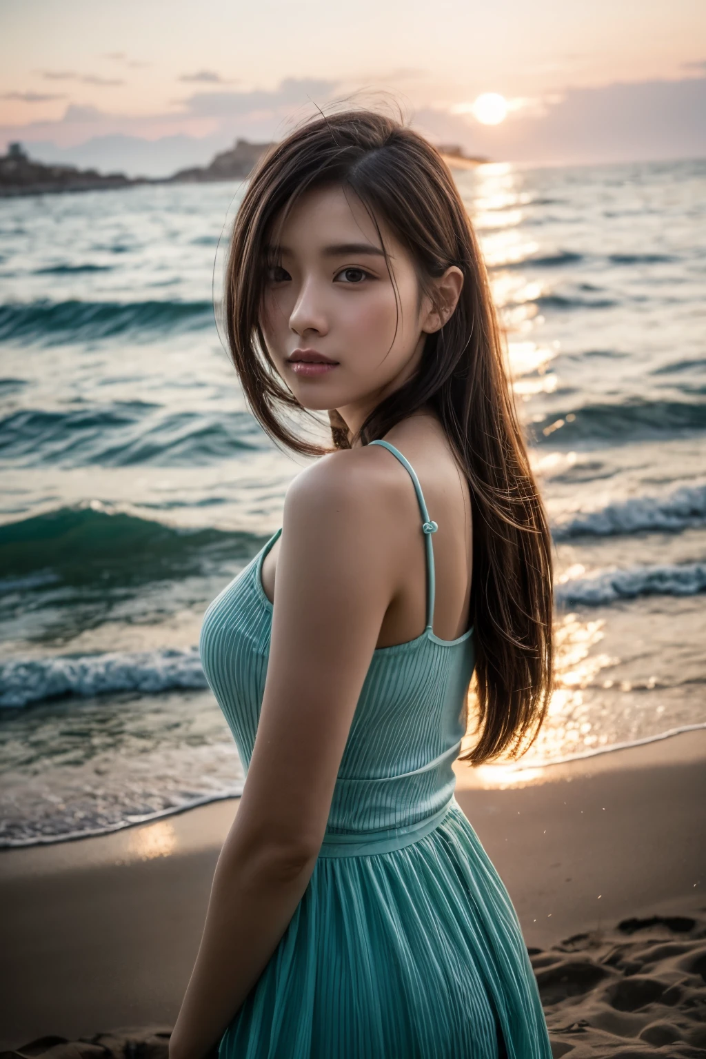 1 girl,kawaii,Detailed face,looking at the audience,focus,masterpiece,best quality, high resolution,8k,complex,elegant,Very detailed,Dynamic lightingBREAKLong hair flows elegantly in the gentle sea breeze,The fading sunlight casts warmth, The ethereal light in the scene. She wears a flowing, Light-colored dress that flutters in the wind. Waves in the background gently kiss the shore, There is a sense of tranquility in the air, The overall atmosphere should evoke a sense of serenity and beauty