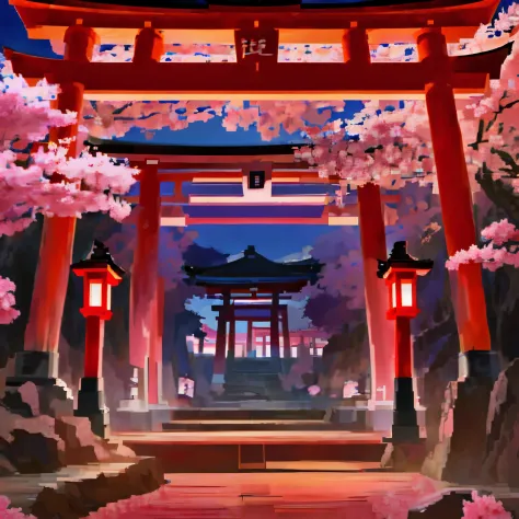 sakura, torii, gokusaishiki, old japanese town, dark night, red, kaleidoscope, dreamscape