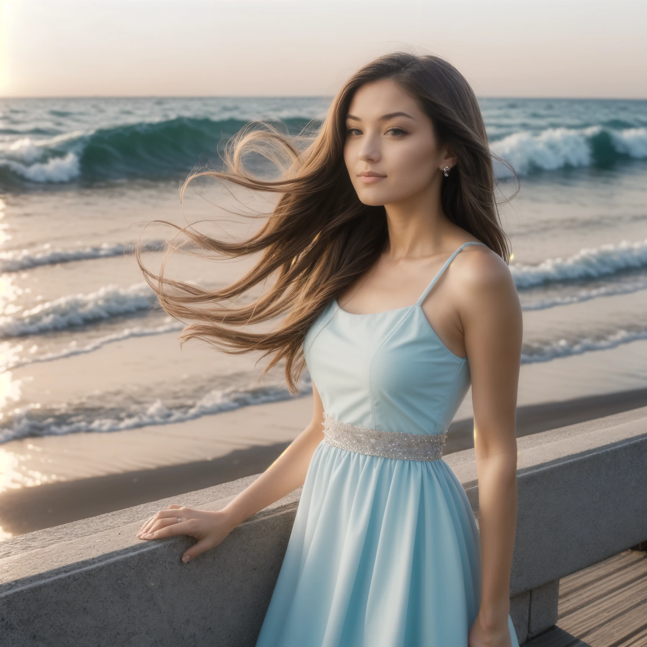 1 girl,kawaii,Detailed face,looking at the audience,focus,masterpiece,best quality, high resolution,8k,complex,elegant,Very detailed,Dynamic lightingBREAKLong hair flows elegantly in the gentle sea breeze,The fading sunlight casts warmth, The ethereal light in the scene. She wears a flowing, Light-colored dress that flutters in the wind. Waves in the background gently kiss the shore, There is a sense of tranquility in the air. The overall atmosphere should evoke a sense of serenity and beauty