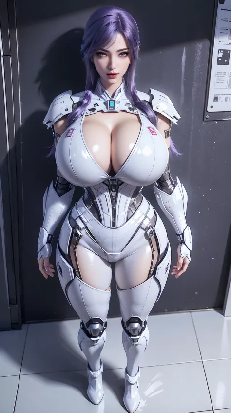 A beauty girl with purple hair, (REALISTIC:1.2), (PHOENIX ACCESORIES:1.1), (BIGGER BUTTOCKS,HUGE FAKE BREASTS:1.5), (CLEAVAGE:1.5), (MUSCLE ABS:1.3), (MECHA GUARD ARMS:1.1), (BLUE LATEX FUTURISTIC CUBER BREASTPLATE, BLACK MECHA SKINTIGHT SUIT, WHITE MECHA ...