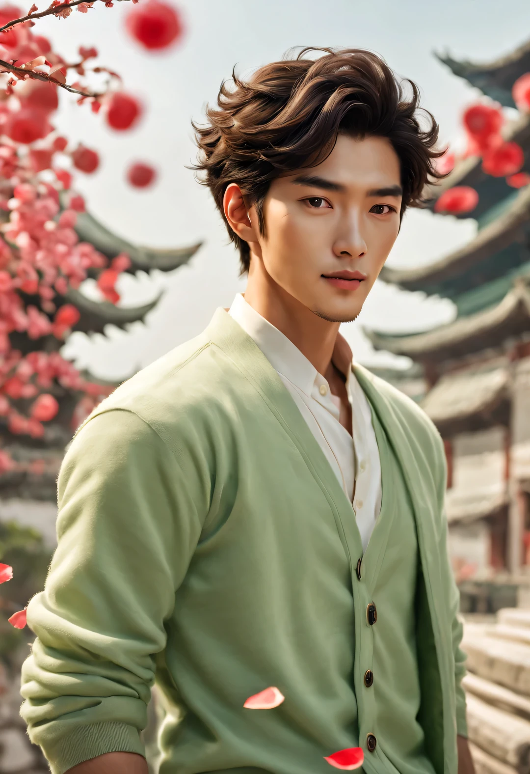 (male character design), Half-length close-up, Staring at the camera,
(Handsome Chinese boy Song Yu looks at the camera), (thick curly short hair: 1.1), (curls), (Wearing a modern and fashionable light green high-end cardigan), Song Yu&#39;s facial features are correct, His face is symmetrical, His eyebrows are long and thick, slightly upward, His eyes were bright and vibrant, Revealing a kind of wisdom and agility, His nose is straight but not prominent, His lips were rosy and full, his lips are slightly upward, His lips were rosy and full,, His smile is bright and natural, His skin is as delicate as rose petals, perfect as a sculpture. Song Yi’s skin is fair and delicate, Smooth as white jade，No wrinkles. Skin exudes a healthy glow, Gives people a fresh and pure feeling. His cheeks flushed slightly, With a hint of astringency and lovely temptation,
HD, high quality, HD Analysis, 32k, Surrealism,