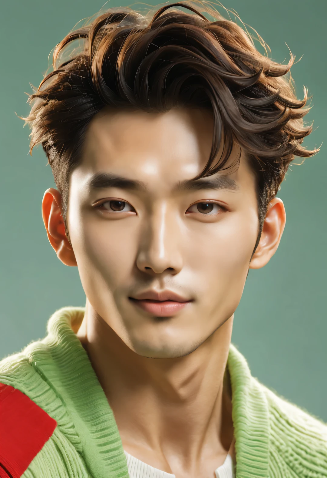 (male character design), Half-length close-up, Staring at the camera,
(Handsome Chinese boy Song Yu looks at the camera), (thick curly short hair: 1.1), (curls), (Wearing a modern and fashionable light green high-end cardigan), Song Yu&#39;s facial features are correct, His face is symmetrical, His eyebrows are long and thick, slightly raised, His eyes were bright and vibrant, Revealing a kind of wisdom and agility, His nose was straight，Does not protrude, (His lips were rosy and full, Slightly upturned lips are red and plump, sexly), His smile is bright and natural, perfect as a sculpture. Song Yi’s skin is fair and delicate, Smooth as white jade，No wrinkles. Skin radiates health、radiant feeling, Gives people a fresh and pure feeling. His cheeks flushed slightly, Revealing a hint of astringency and cuteness. HD, high quality, HD Analysis, 32k, Surrealism,