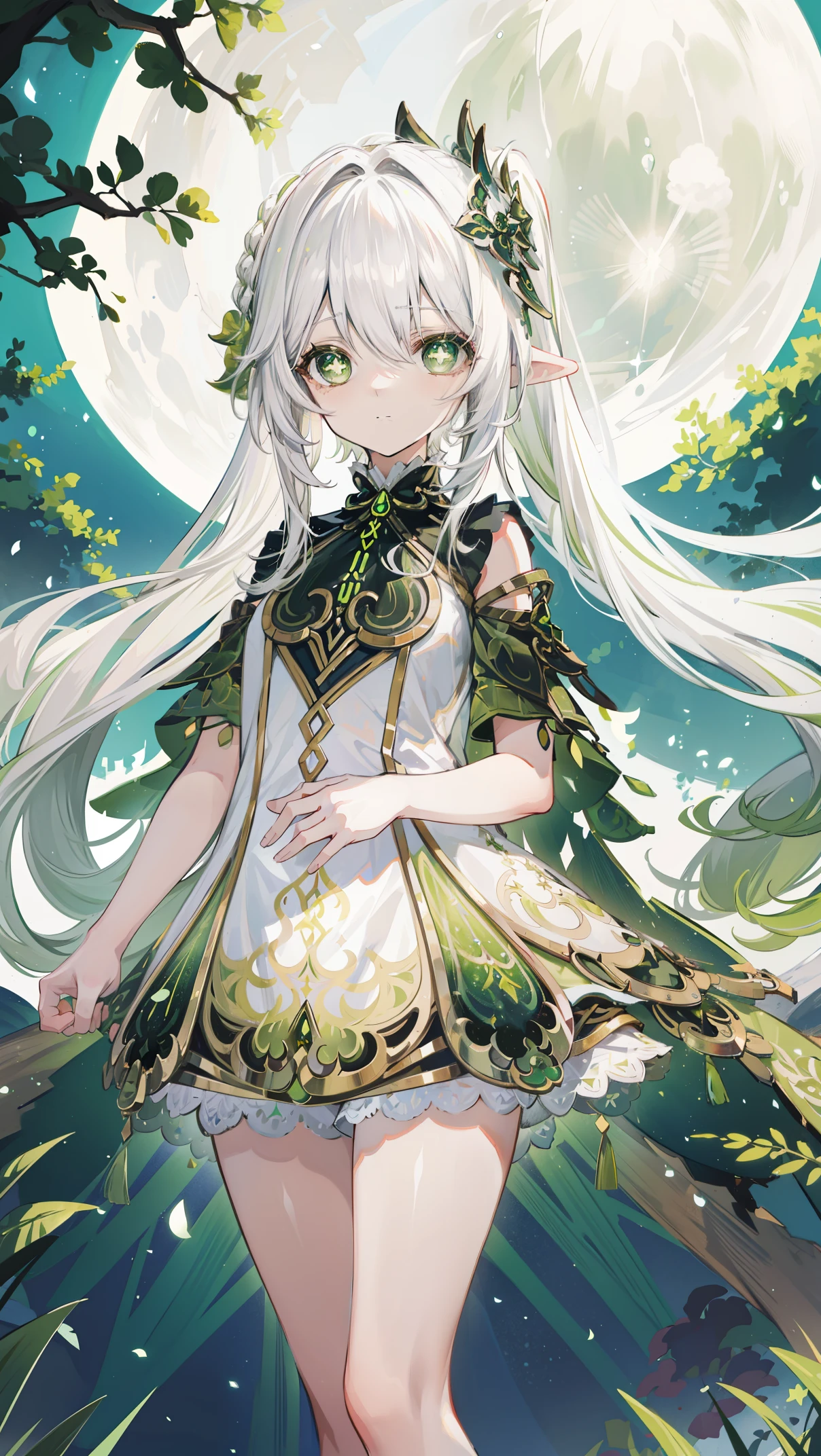 nahida_Genshin,(white hair),cross-shaped pupils,default_skirt,Green cloak,simple background，moon，The breath of life，green，grassland，The breath of life，Gentle yet powerful divinity，There is a sense of majesty