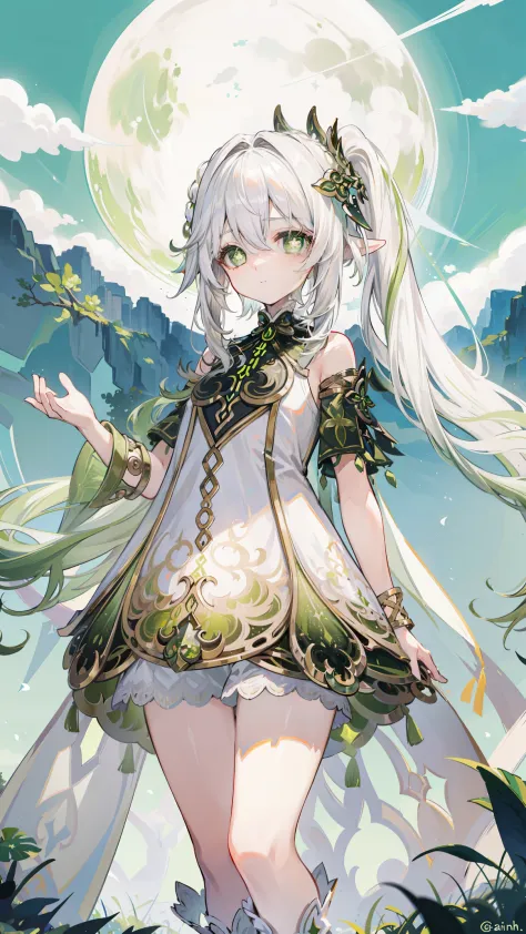 nahida_Genshin,(white hair),cross-shaped pupils,default_skirt,Green cloak,simple background，moon，The breath of life，green，grassl...