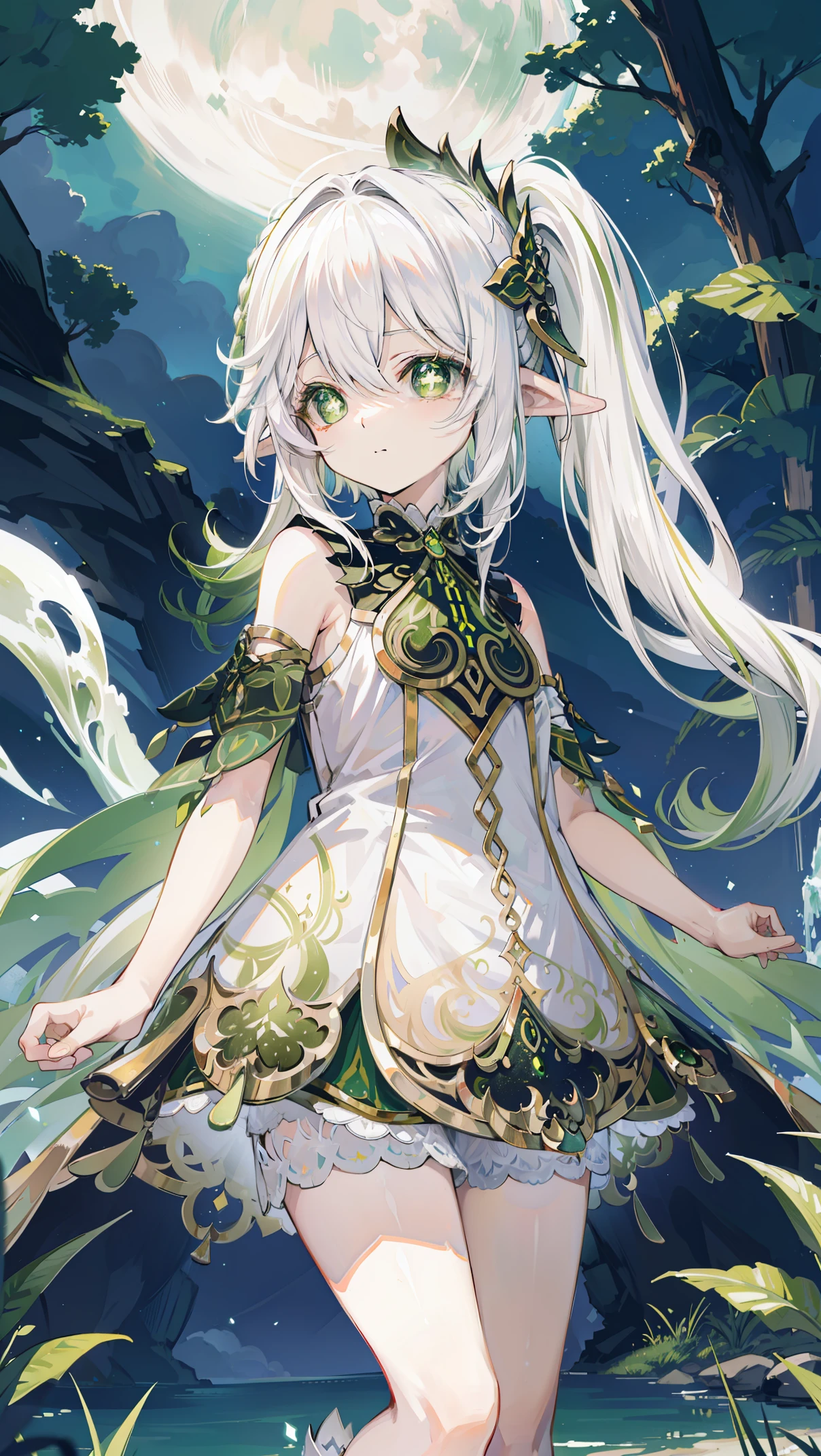 nahida_Genshin,(white hair),cross-shaped pupils,default_skirt,Green cloak,simple background，moon，The breath of life，green，grassland，The breath of life，Gentle yet powerful divinity，There is a sense of majesty