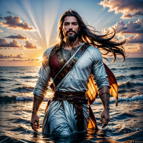 Sunset Spacious Sunrise sunshine, A handsome god Jesus christ ( jesus) blessing to the sky 35 years old with a long brown hair a...