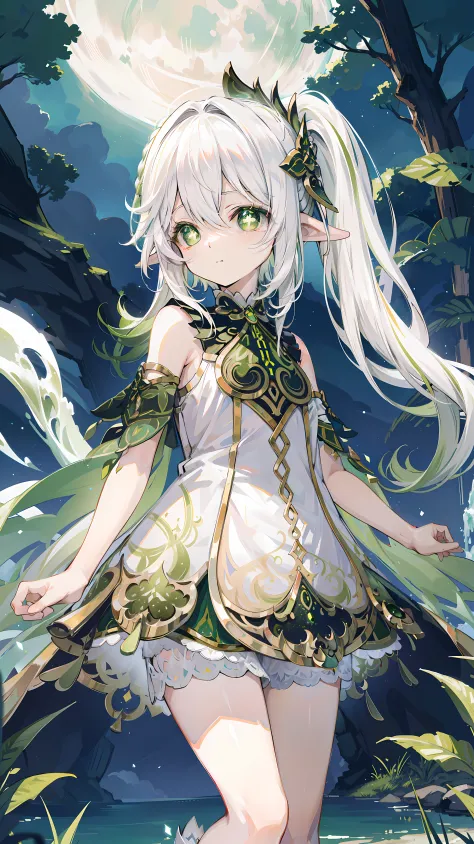 nahida_genshin,(white hair),cross-shaped pupils,default_skirt,green capelet,simple background，moon，the breath of life，green，gras...