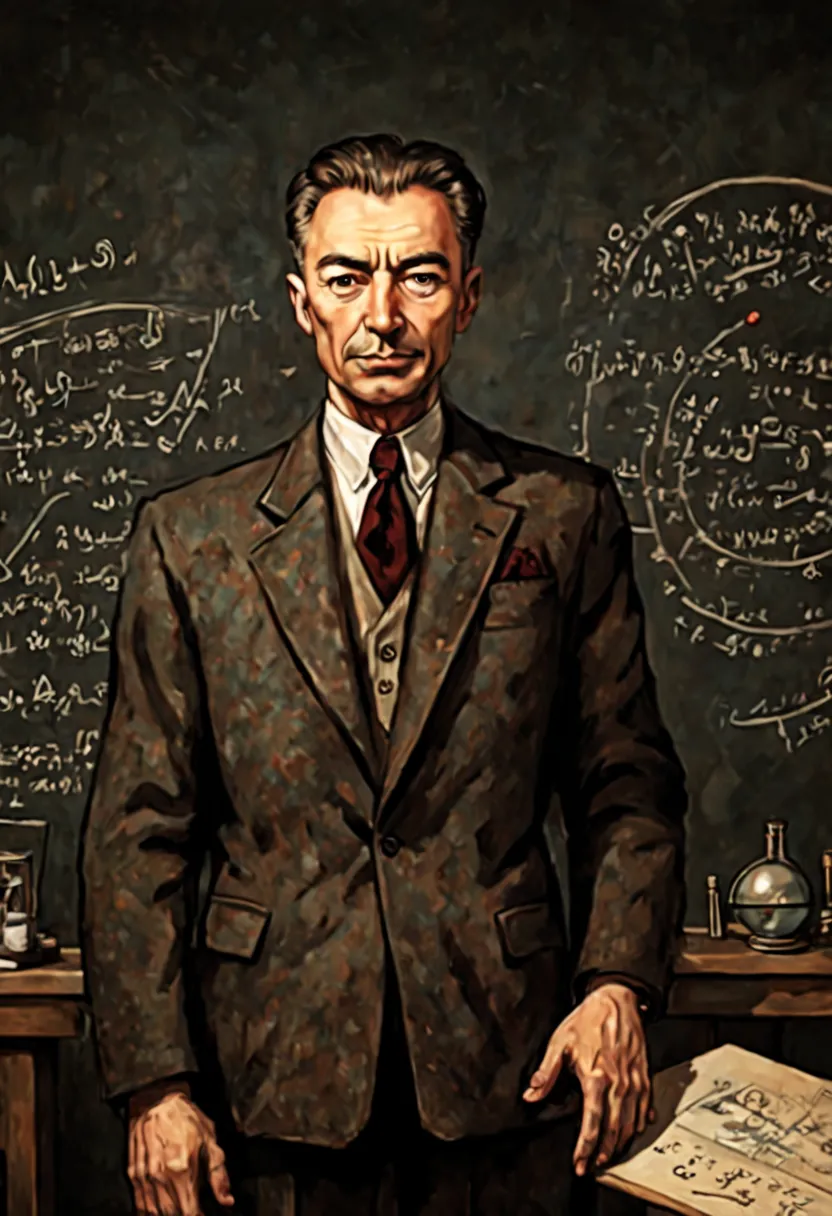 best quality,portrait's painting style,ultra-detailed,realistic colors,high-res, adult robert oppenheimer,eminent physicist, ken...