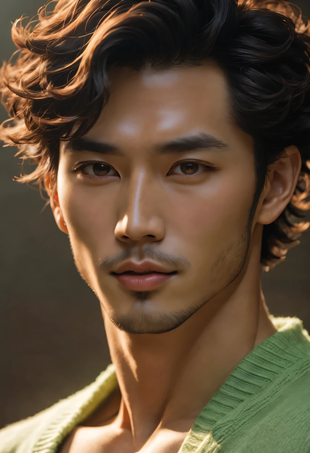 (male character design), Half-length close-up, Staring at the camera,
(Handsome Chinese boy Song Yu looks at the camera), (thick curly short hair: 1.1), (curls), (Wearing a modern and fashionable light green high-end cardigan), Song Yu&#39;s facial features are correct, His face is symmetrical, His eyebrows are long and thick, slightly upward, His eyes were bright and vibrant, Revealing a kind of wisdom and agility. (His lips were rosy and full, slightly upward, His lips were rosy and full), His big sexy mouth, His nose was straight，Does not protrude, His smile is bright and natural, perfect as a sculpture. Song Yi’s skin is fair and delicate, Smooth as white jade，No wrinkles. Skin radiates health、radiant feeling, Gives people a fresh and pure feeling. His cheeks flushed slightly (Omar Burkan Agalaki), Revealing a hint of astringency and cuteness, HD, high quality, HD analysis, 32k, Surrealism,
