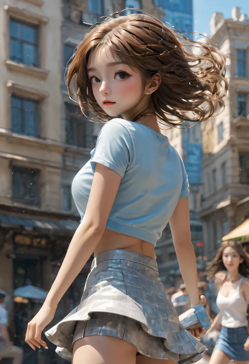 (:1.2), masterpiece, best quality, detailed, 1 girl, hair, looking at the audience, (top:1.4), (mini skirt:1.3), City, people, place one's arms behind one's back, clear sky, house, street, cafes