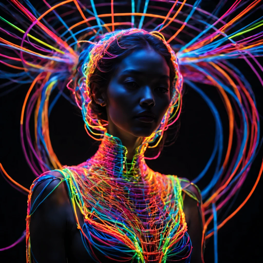 ((Ultra Long Exposure Photography)) high quality, highly detailed, Colorful beautiful woman silhouette ((made of millions of ultra bright neon strings)) inside a spaceship, beautiful silhouette, by yukisakura, high detailed,
