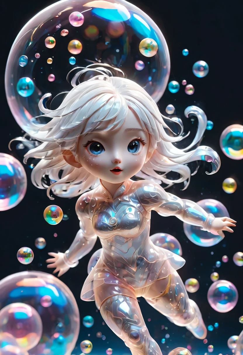 masterpiece, best quality, official art, 8k wallpaper, Very detailed, illustration, 1 girl, white hair, beautiful eyes, stocking pattern, Super charming Girl Full Body 3D Drawing, beautiful eyes, big eyes, charming, happy, c4d, Popular matte blind box, glow泡泡, Toy, solid color background, chibi, Fluorescent translucent, glow, kawaii, Toy娃娃, Bubble Mart Blind Box, Pixar, intricate details, 3d rendering, blender, Overclocked renderer, body reference table,dribbble,high detail,8k,studio lighting,Change,small,child,chibi ,