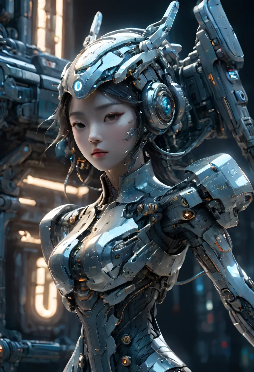 a chinese girl, whole body, clear facial features, amazing facial features, Chinese costumes, Chinese cyberpunk, Cyberpunk city headgear, hair accessories, Super complex design, mechanical mecha, technology, stunning lighting, c4d, Overclocked rendering, rim light, fine light, masterpiece, Super details, epic work, ultra high definition, high quality, 32k