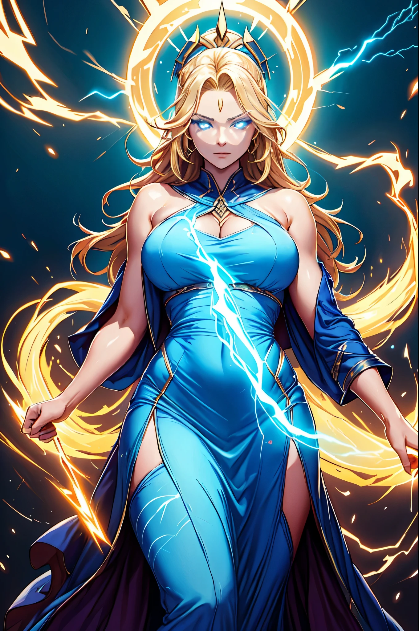 Fulmina, the goddess of thunder who chose to live among mortals, has a remarkable appearance that blends the divinity of her being with the earthly simplicity she has adopted. Seu cabelo ruivo, reminiscent of the dancing flames of an electrical storm, falls in graceful waves up to your shoulders. No entanto, what makes it truly unique is the blonde streak that stands out, as if a ray of sunlight was entwined in your hair, standing out as a sign of your celestial connection. Os olhos de Fulmina, profundos e penetrantes, are the color of stormy blue, reflecting both the serene calm and the relentless fury of a stormy sky. Eles irradiam uma sabedoria ancestral, witnessing the events that occurred over the centuries. His expression, muitas vezes serena e compreensiva, can become intense and brilliant when divine wrath is awakened. Em termos de vestimenta, Fulmina opts for simple and practical clothes, muitas vezes escolhendo tons terrosos que se misturam com o ambiente humano. Um manto leve, adorned with subtle golden lightning patterns, envolve seus ombros, acrescentando um toque de majestade divina a sua figura discreta. Braceletes reluzentes adornam seus pulsos, emitindo um brilho suave que ecoa a luz dos raios distantes. Ao caminhar entre os mortais, Fulmina emanates a magnetic presence, cativando aqueles ao seu redor com uma aura de poder celestial velada pela humildade. Your grace and beauty are realized, but it is the feeling of comfort and security that she brings with her that makes the inhabitants of Mortália feel blessed by the presence of a goddess among them..
