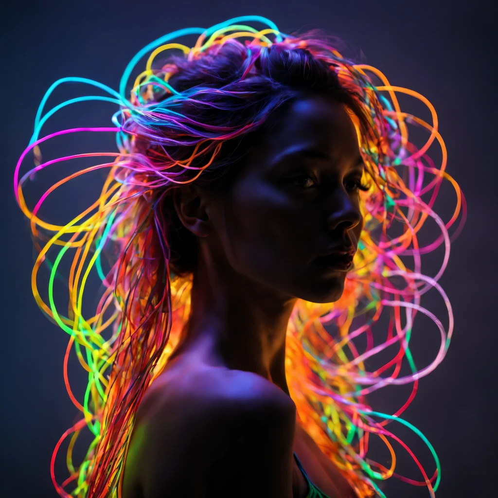 ((Ultra Long Exposure Photography)) high quality, highly detailed, Colorful beautiful woman silhouette ((made of millions of ultra bright neon strings)) inside a spaceship, beautiful silhouette, by yukisakura, high detailed,
