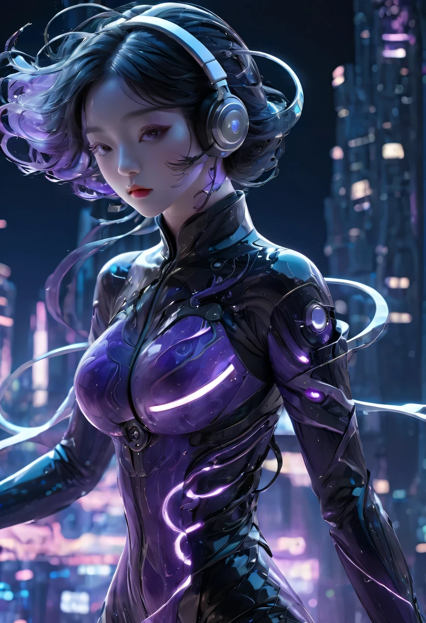 1 girl， Chinese_clothing， liquid purple titanium black， Online Hanfu， On the cheongsam， Cyberpunk City， dynamic poses， Details Illuminated Headphones， Luminous hair accessories， long white hair， Luminous earringss，glow necklace，cyberpunk character， a high-tech city， Full of mechanical and futuristic elements， Afu Futurism， technology，glowing neon lights，purple，purple light，translucent black gauze，black ribbon，laser，Digital background city sky，big moon，with cars，best quality，masterpiece，8k,Character edge light，Ultra high detail，high quality，The most beautiful woman among men，faint smile，The face is symmetrical from side to side，facing forward，earrings，beautiful student，Lighting effects，visual data，Dark black hair，ultra detailed facial texture，Black glossy leather gloves，elevation shooting