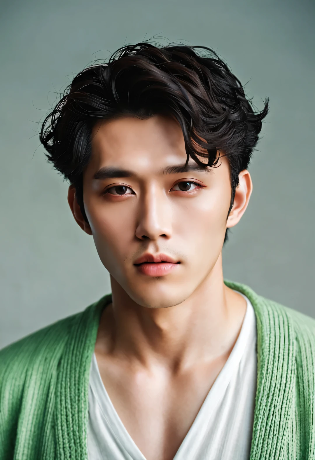 (male character design), Half-length close-up, Staring at the camera,
(Handsome Chinese boy Song Yu looks at the camera), (thick curly short hair: 1.1), (curls), (Wearing a modern and fashionable light green high-end cardigan), Song Yu&#39;s facial features are correct, His face is symmetrical, His eyebrows are long and thick, slightly upward, His eyes were bright and vibrant, Revealing a kind of wisdom and agility. (His lips were rosy and full, slightly upward, His lips were rosy and full), His big sexy mouth, His nose was straight，Does not protrude, His smile is bright and natural, perfect as a sculpture. Song Yi’s skin is fair and delicate, Smooth as white jade，No wrinkles. Skin exudes a healthy glow, Gives people a fresh and pure feeling. His cheeks flushed slightly (Inspired by young actor Brigitte Lin), Revealing a hint of astringency and cuteness, HD, high quality, HD analysis, 32k, Surrealism,
