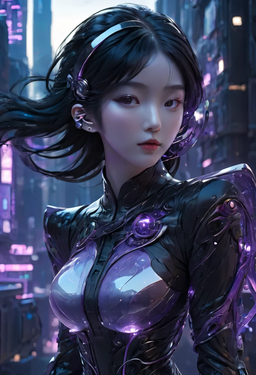 1 girl， Chinese_clothing， liquid purple titanium black， Online Hanfu， On the cheongsam， Cyberpunk City， dynamic poses， Details Illuminated Headphones， Luminous hair accessories， long white hair， Luminous earringss，glow necklace，cyberpunk character， a high-tech city， Full of mechanical and futuristic elements， Afu Futurism， technology，glowing neon lights，purple，purple light，translucent black gauze，black ribbon，laser，Digital background city sky，big moon，with cars，best quality，masterpiece，8k,Character edge light，Ultra high detail，high quality，The most beautiful woman among men，faint smile，The face is symmetrical from side to side，facing forward，earrings，beautiful student，Lighting effects，visual data，Dark black hair，ultra detailed facial texture，Black glossy leather gloves，elevation shooting