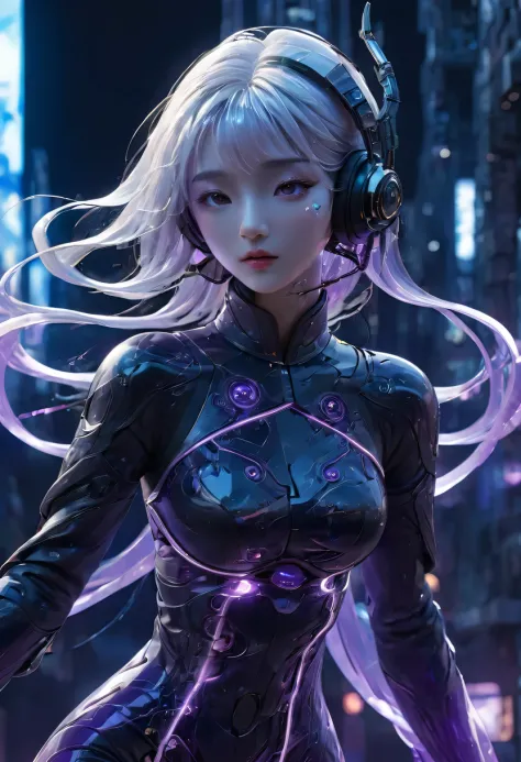 1 girl， Chinese_clothing， liquid purple titanium black， Online Hanfu， On the cheongsam， Cyberpunk City， dynamic poses， Details I...