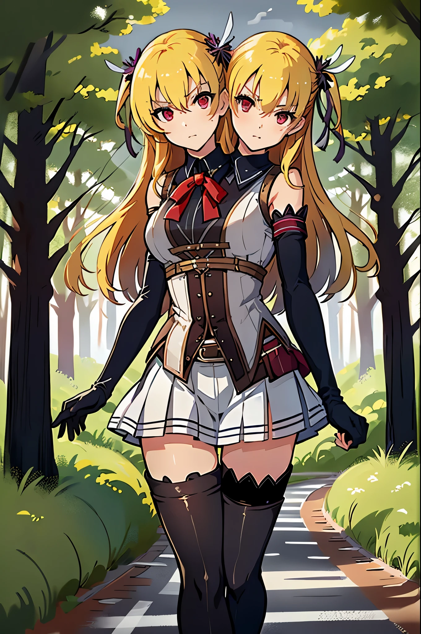 (2heads:1.4), masterpiece, best quality, alisa reinford, sen2alisa, two side up, black ribbon, red bow, sleeveless shirt, pleated skirt, elbow gloves, thigh strap, black thighhighs, serious, walking, road, forest, grey sky 