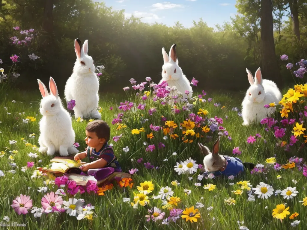 portrait of bunnies, there are flowers around them, bunnies are looking straight at the camera, cute image, spring, a charming d...