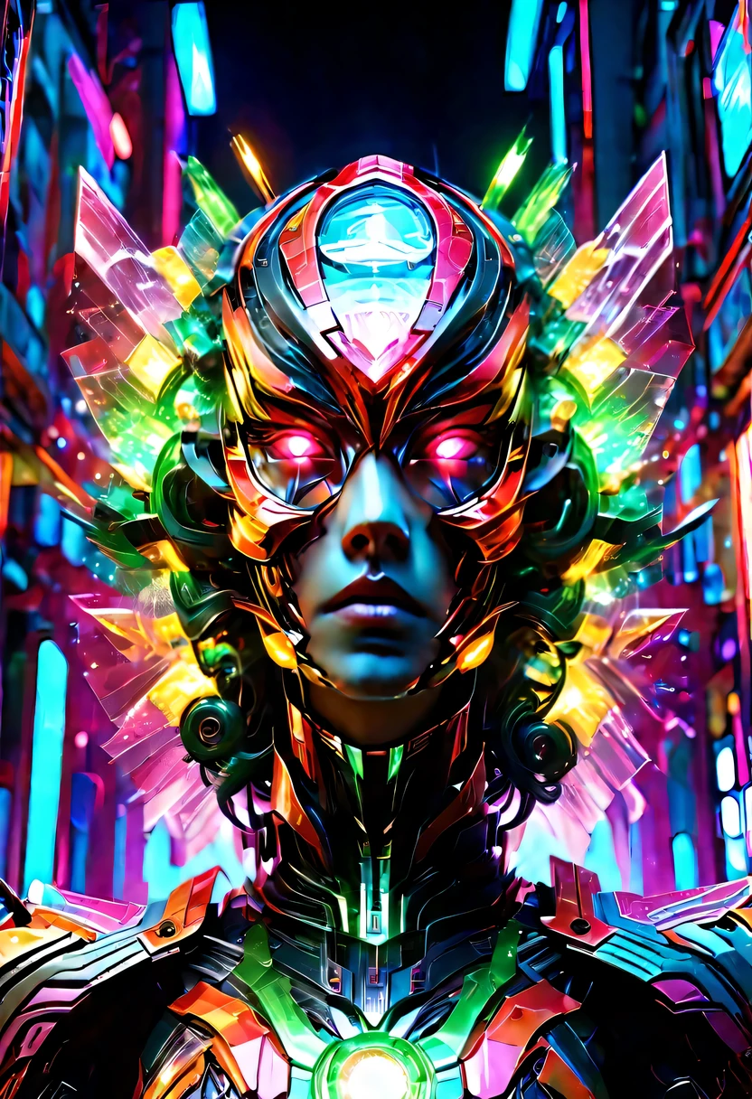 cyberpunk，Steampunk，fault art，Holographic projection，mechanical aesthetics，，neon lights，laser light，fluorescence，space light，glow effect，androgynous lighting，rainbow foil，Unreal Engine，Deep hybrid minimalism，real scene：一位18 岁的女性全身站在cyberpunk荒芜的地方，Stunning cloudscape. (Wearing an Iron Man mech) About her incredibly complex anatomy (graphene: 1.1) Biomechanically symmetrical arms and biomechanically symmetrical legs. Very detailed, elegant and ornate symmetrical fractal detail with Kyanite gemstone. Shooting using bright scenes, soft natural light, dramatic shadows and beautiful vibrant colors. Art style. cyberpunk风格的8k分辨率图像, intricate symmetrical details. The whole picture is full of indomitable heroism. Mainly a complete picture of a person standing full body, smooth movements and confident expression.