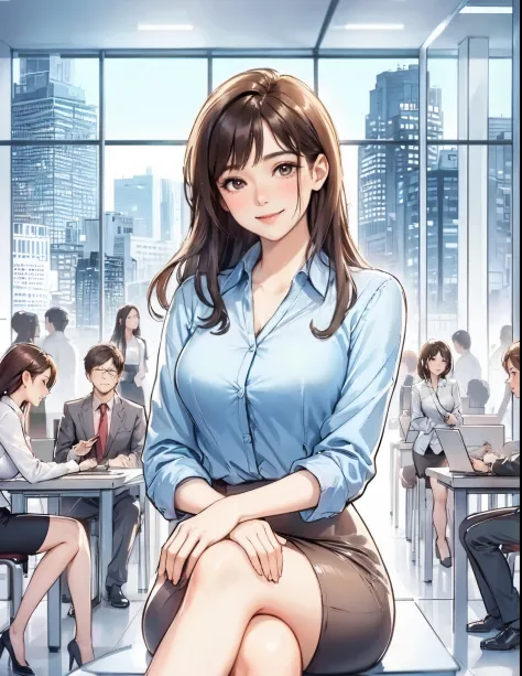 1lady sitting (crossed legs), office worker (stylish outfit), (pencil skirt), mature female, /(dark brown hair/) bangs, blush ki...