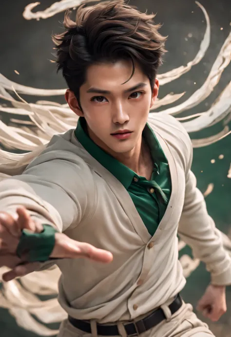 (male character design), Half-length close-up, Staring at the camera, (Handsome Chinese boy Song Yu looks at the camera), (thick curly short hair: 1.1), (curls), (Wearing a modern and fashionable light green high-end cardigan), Song Yu&#39;s facial feature...