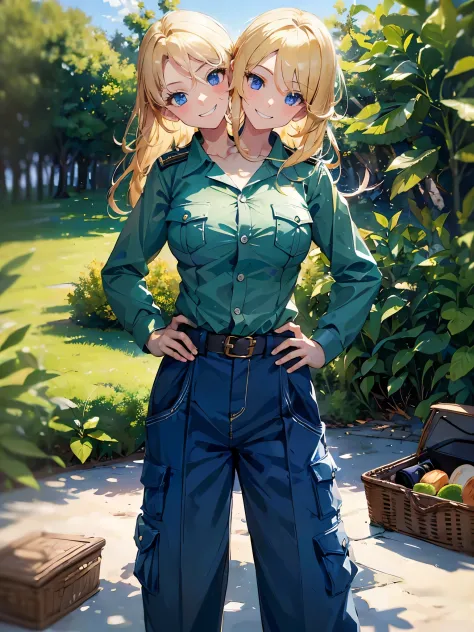 (masterpiece, best quality), best resolution, (2heads:1.5), 1girl, park ranger, blond hair, blue eyes, smiling, relaxed, park ra...