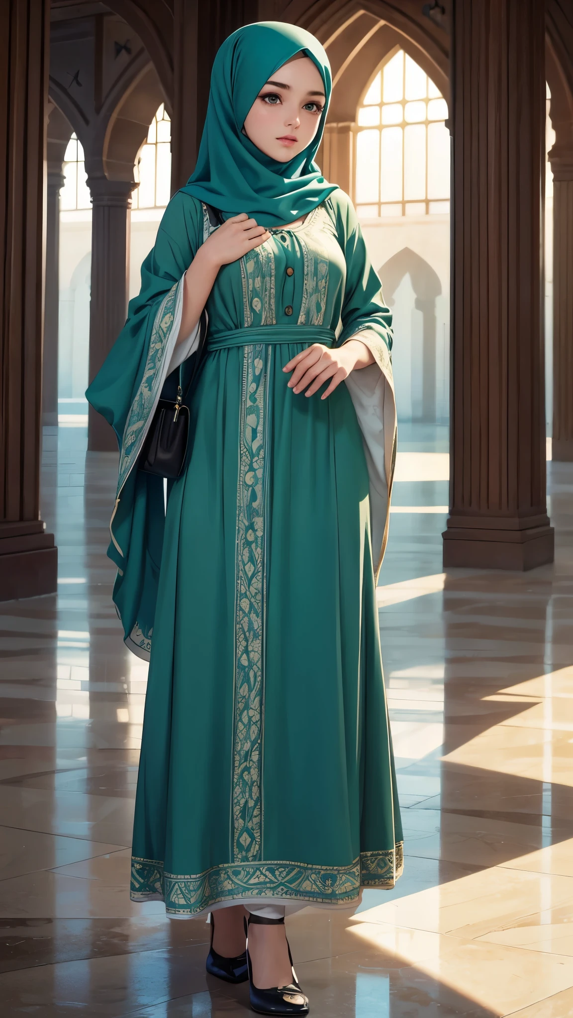 ((Best quality, 8k, Masterpiece :1. 3)), Sharp focus :1. 2, A pretty woman perfect figure :1. 4, (Wet thin button up long dress :1. 1), (light, mosque:1. 2), Highly detailed face, Detailed eyes, Double eyelid. headscarves, wear long headscarves covering full head long green dress, biger dress. islamic clothes covering full body . Reallshot, reality, realistic, fantastic, full detail cover. Cute face, small breast.