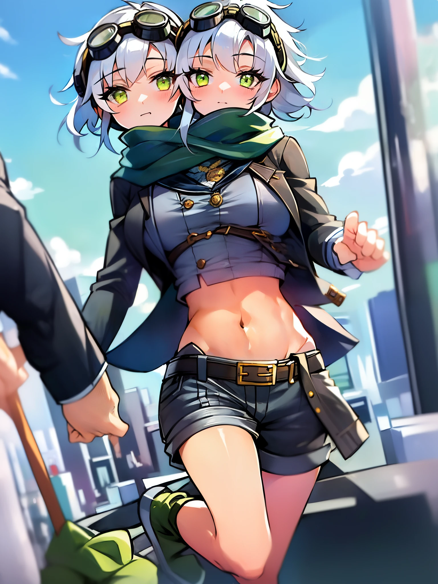 (2heads:1.5), masterpiece, ultra high quality cg, best quality, absurdres, 1girl, fie claussell, goggles on head, black jacket, green scarf, green sweater, midriff, gray shorts, green boots, jumping off a building, city