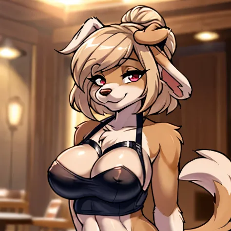 1girl, (loonabelle:1.1), (floppy ears, tan ears:1.2), hair bun, solo, (best quality, masterpiece:1), portrait, detailed, (body fur, furry body:1.4), tail, furry female anthro, , looking at viewer, smile, (detailed background:1.2), half-closed eyes, tan hai...
