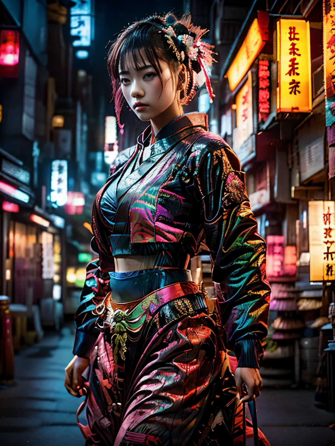Traditional Japanese dress, estilo katsushika hokusai, (Ciberpunk) (Neon)