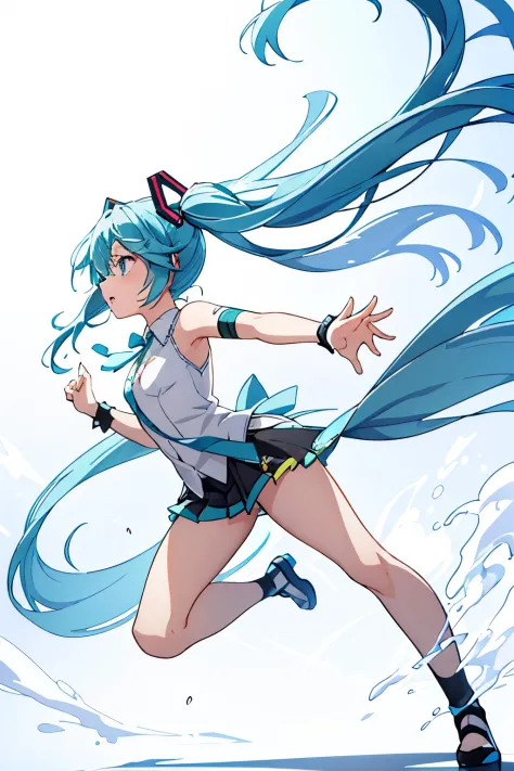 Dagger scattering pose, whole body, Hatsune Miku's pose with a dagger on her finger, strong wind blowing effect, dynamic posture...