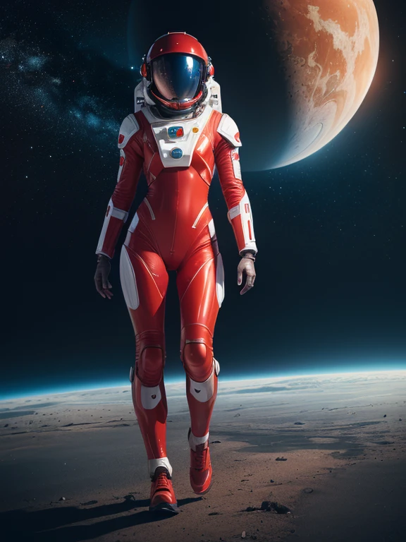 Super realistic image, high quality uhd 8K, of 1 girl, astronaut, realistically detailed, ((slim body, highly detailed)), (tall model), redhead, long ginger hair, highly detailed realistic skin, (tight red futuristic astronaut armor suit, astronaut futuristic helmet), walking on a planet, exploring, very bright colors, standing