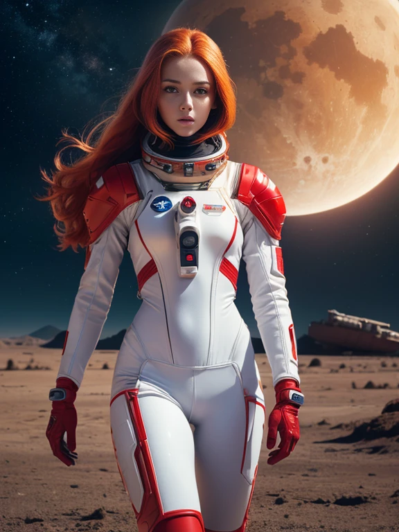 Super realistic image, high quality uhd 8K, of 1 girl, astronaut, realistically detailed, ((slim body, highly detailed)), (tall model), redhead, long ginger hair, highly detailed realistic skin, (tight red futuristic astronaut armor suit, astronaut futuristic helmet), walking on a planet, exploring, very bright colors, standing