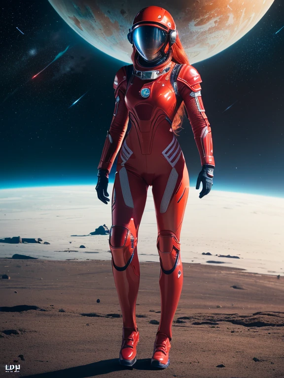 초현실적인 이미지, 고품질 UHD 8K, 여자 1명 중, 우주 비행사, 현실적으로 디테일하다, ((슬림 바디, 매우 상세한)), (키가 큰 모델), 빨간 머리, 긴 생강 머리, 매우 상세한 realistic skin, (tight red futuristic 우주 비행사 armor suit, 우주 비행사 futuristic helmet), 행성 위를 걷다, 탐색, 매우 밝은 색상, 서 있는