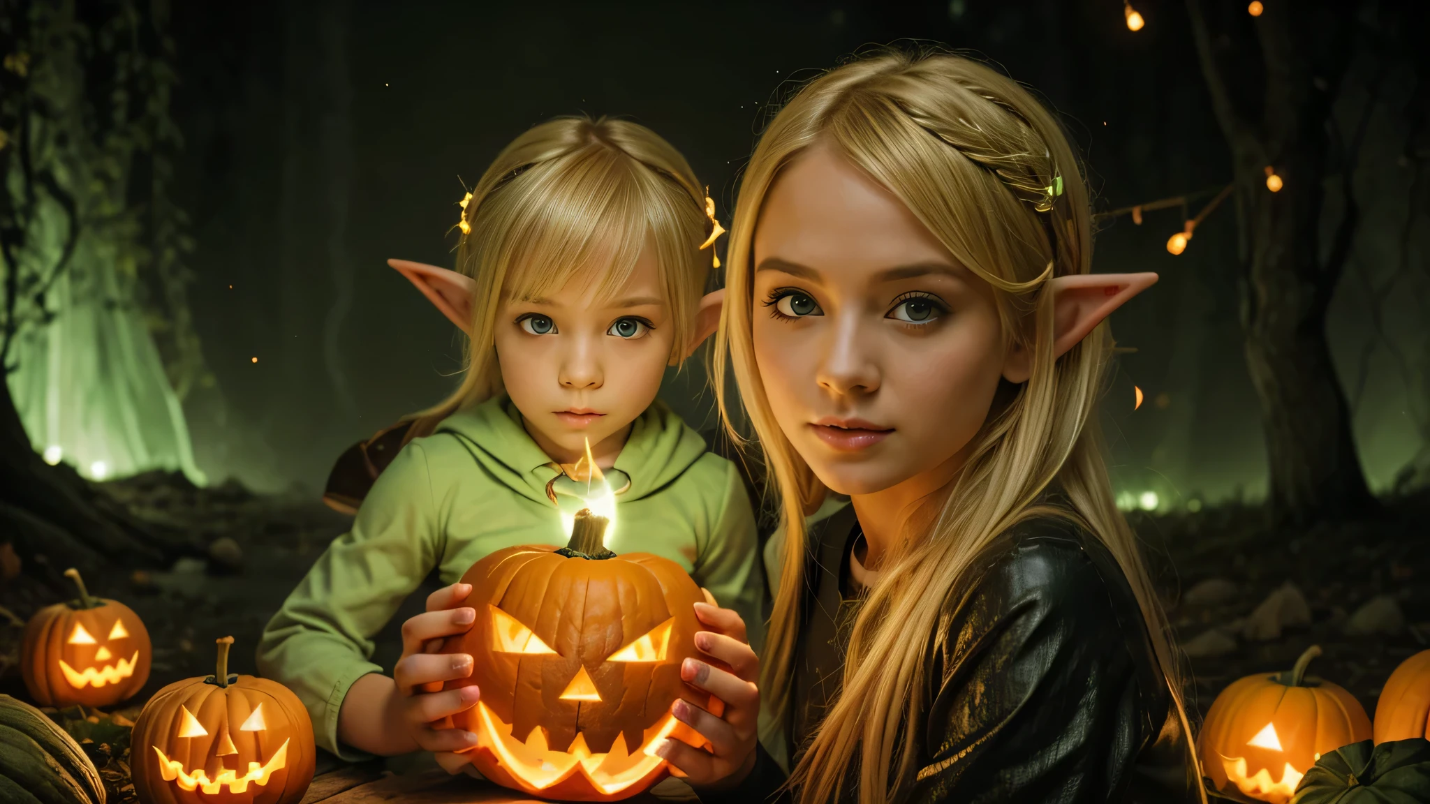 Lindo retrato de un elfo rubio sosteniendo un jack-o&#39;-linterna Verde, LÁSER VERDE.