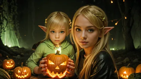 Cute portrait of a blonde elf child holding a jack-o&#39;-lanterna verde, LASER VERDE.