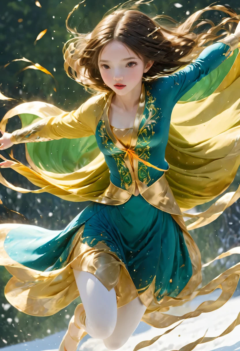masterpiece, best quality, actual, (1 girl: 1.3), blue gold white clothes, Long hair with a shawl, jump, leap, dance, green gold white clothes, long skirt, long scarf, flowing, Light Armor, snow white skin, bare shoulders, whole body, (from below:1.5), martial arts, dynamics, flame, particle