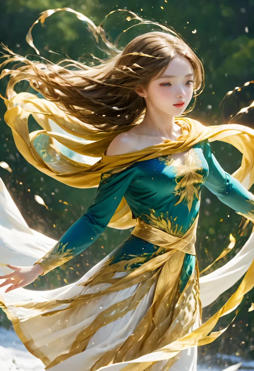masterpiece, best quality, actual, (1 girl: 1.3), blue gold white clothes, Long hair with a shawl, jump, leap, dance, green gold white clothes, long skirt, long scarf, flowing, Light Armor, snow white skin, bare shoulders, whole body, (from below:1.5), martial arts, dynamics, flame, particle