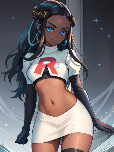 nessa_pokemon, 1girl, solo, dark skin, blue eyes, black hair, blue hair, two-tone hair, glossy lips, earings ,team rocket unifor...