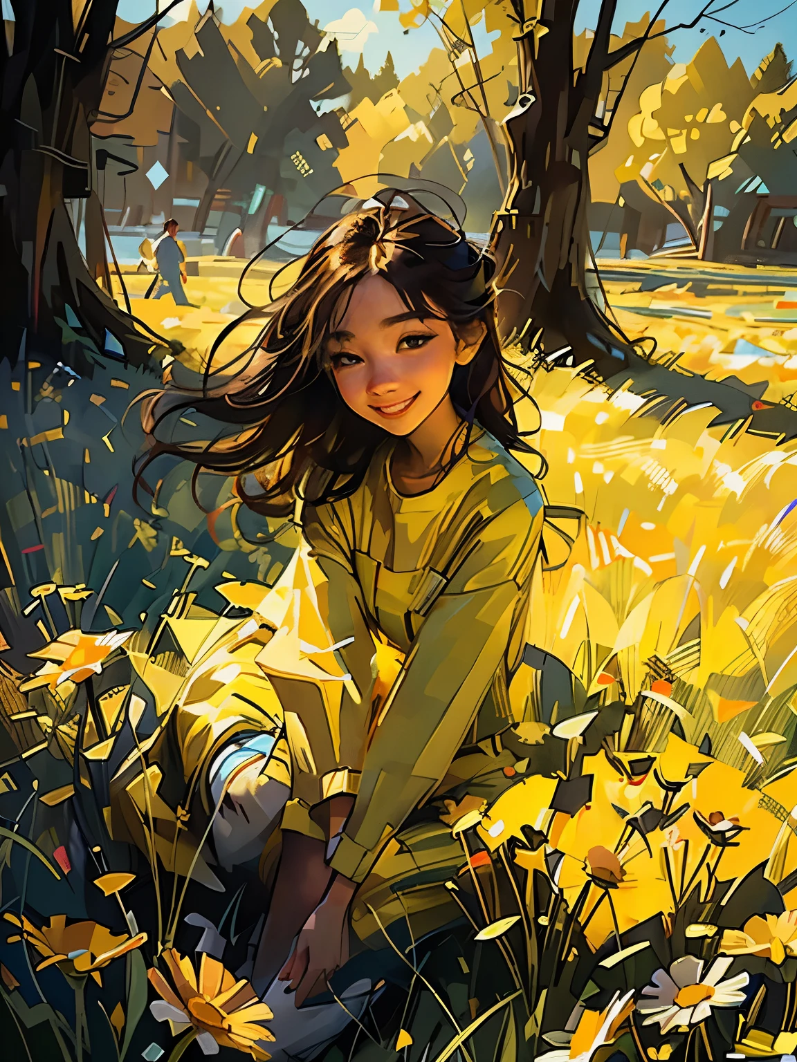 full body photo ,Masterpiece: 1.2, best quality, 1girl, field of daisy, vibrant, (happy:1.4),colorful details,ultra detailed,detailed lighting,\(\(inspired by Hayao Miyazaki\)\),official art, wearing yellow jumpsuit with black stripes, big smile