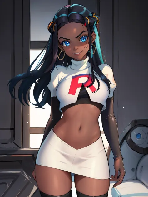 nessa_pokemon, 1girl, solo, dark skin, blue eyes, black hair, blue hair, two-tone hair, glossy lips, earings ,team rocket unifor...