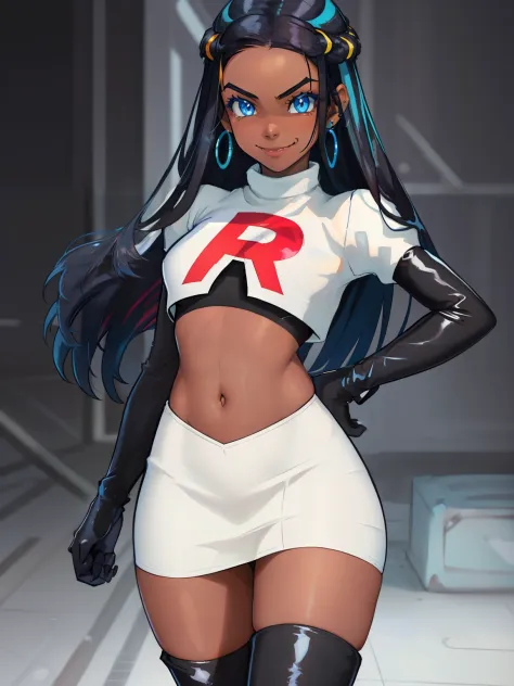 Nessa_Pokemon, 1girl, solo, dark skin, blue eyes, black hair, blue hair, two-tone hair, glossy lips, earings ,team rocket uniform, red letter R, white skirt,white crop top,black thigh-high boots, black elbow gloves, closed mouth, evil smile, looking at vie...