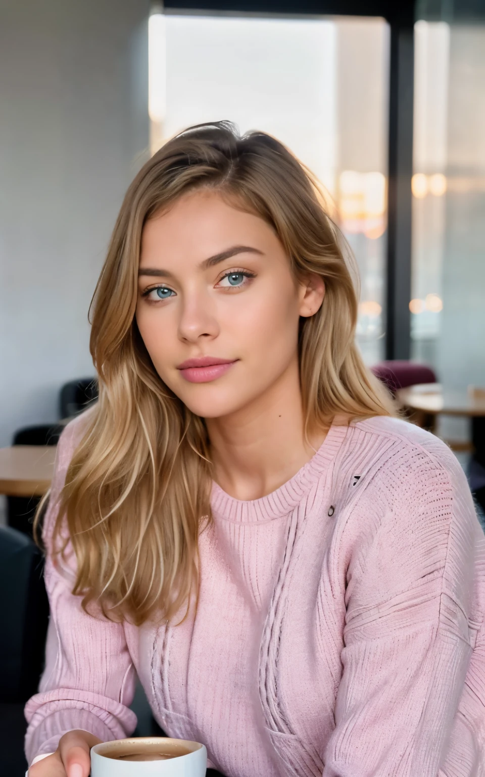 beautiful blonde wearing pink sweater (sipping coffee inside a modern café at sunset), very detailed, 21 years old, innocent face, natural wavy hair, blue eyes, high resolution, masterpiece, best quality, intricate details, highly detailed, sharp focus, detailed skin, realistic skin texture, texture, detailed eyes, professional, 4k, charming smile, shot on Canon, 85mm, shallow depth of field,  kodak vision color, perfect fit body, extremely detailed, foto_\(ultra\), photorealistic, realistic, post-processing, maximum detail, roughness, real life, ultra realistic, photorealism, photography, 8k uhd, photography