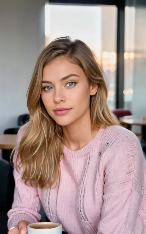 beautiful blonde wearing pink sweater (sipping coffee inside a modern café at sunset), very detailed, 21 years old, innocent face, natural wavy hair, blue eyes, high resolution, masterpiece, best quality, intricate details, highly detailed, sharp focus, de...
