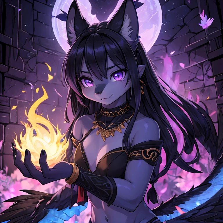 1 slutty cute girl, black skin with blue, Arab, furry, furry art, the debt, witch clothing, malignant aura, dragon wings, body with scales and feathers, energy ball, casting sorceress spell, red evil eyes, evil spell, black aura His eyes are large and expressive, Resplendent irises of blue and purple, 