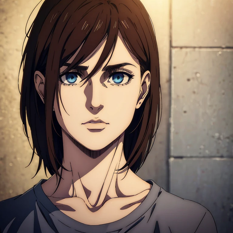 A female character who is younger with brown medium  hair in the Mappa art style she is also thin and tender. She has detailed  blue eyes. She is depicted in a grey shirt, showcasing a sharp jawline. She is also fair. She has good facial structure The artwork should have the best quality, with ultra-detailed and realistic features. The color palette should be vivid, and the lighting should emphasize the character's facial structure and expression.